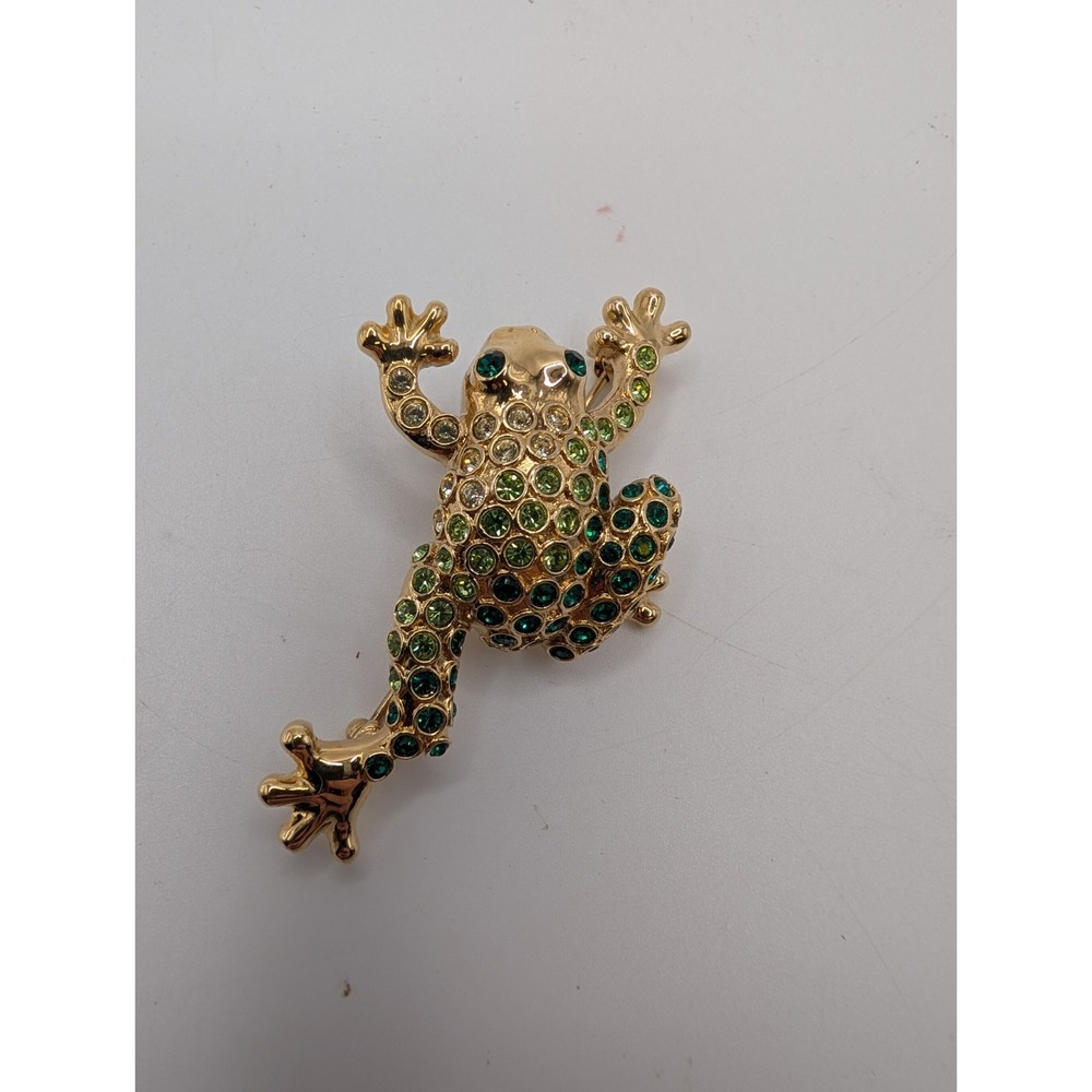Tree Frog Shaped Green Ombre Rhinestone Gold Toned Monet Brooch Sparkly